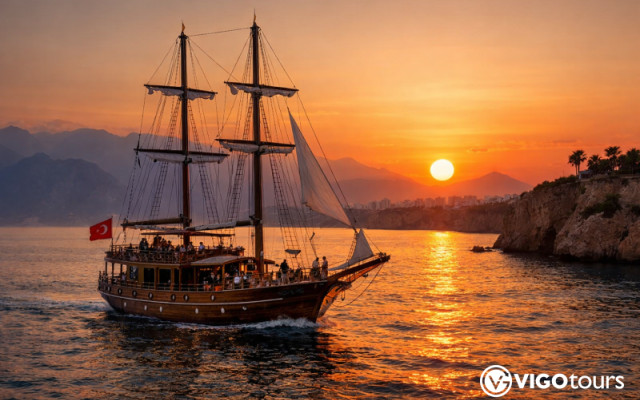 Прогулка на лодке по заливу Анталии на закате солнца