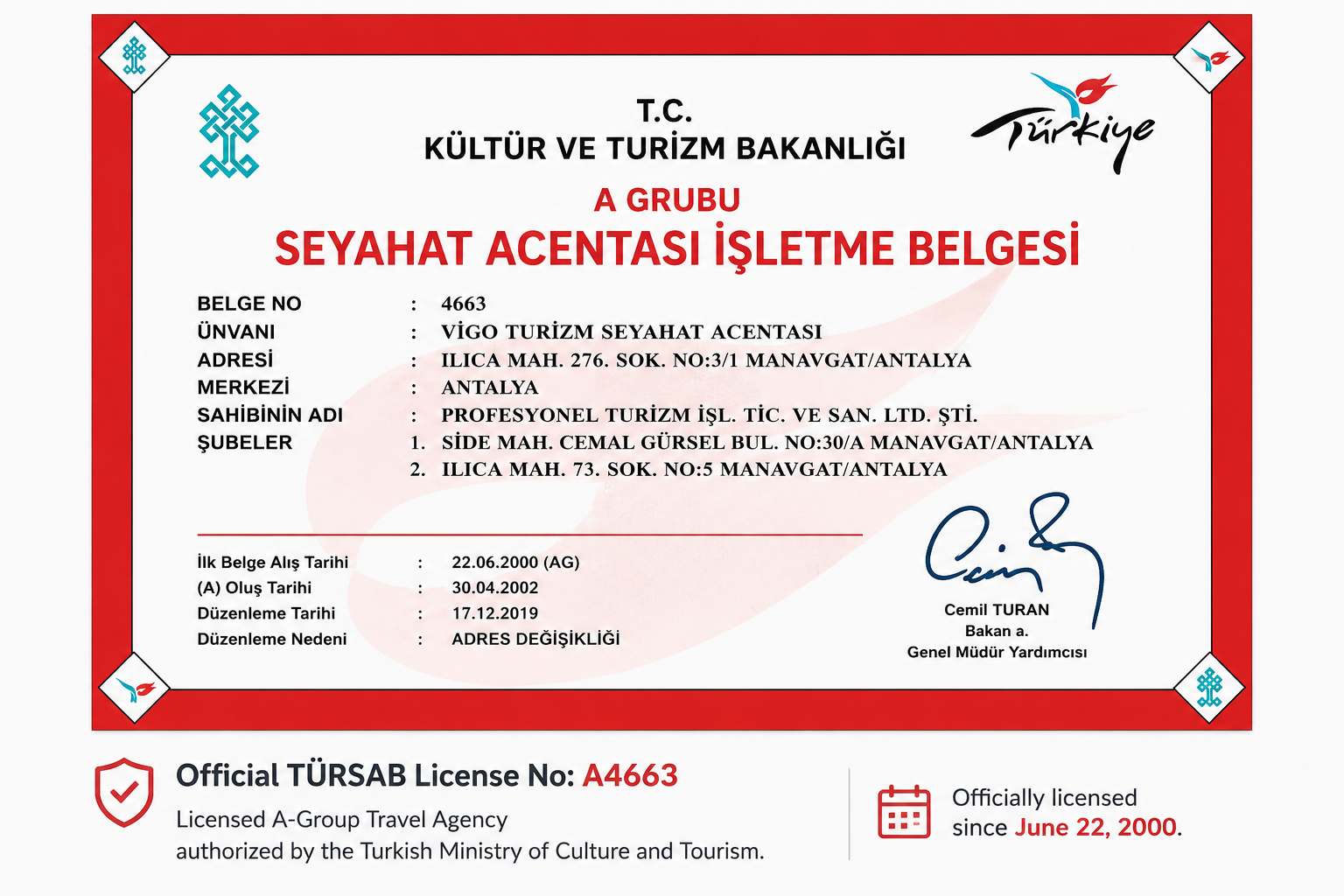 Vigo Tours TÜRSAB License No A4663 - Licensed Turkish Travel Agency Since 2000